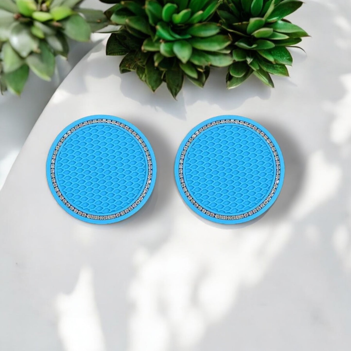2 Aqua Blue Coasters White Crystal Cup Holder Insert Ultra Bling Diamond Luxury Embellishment Round Fit Car SUV Silicone Anti-Slip Coaster