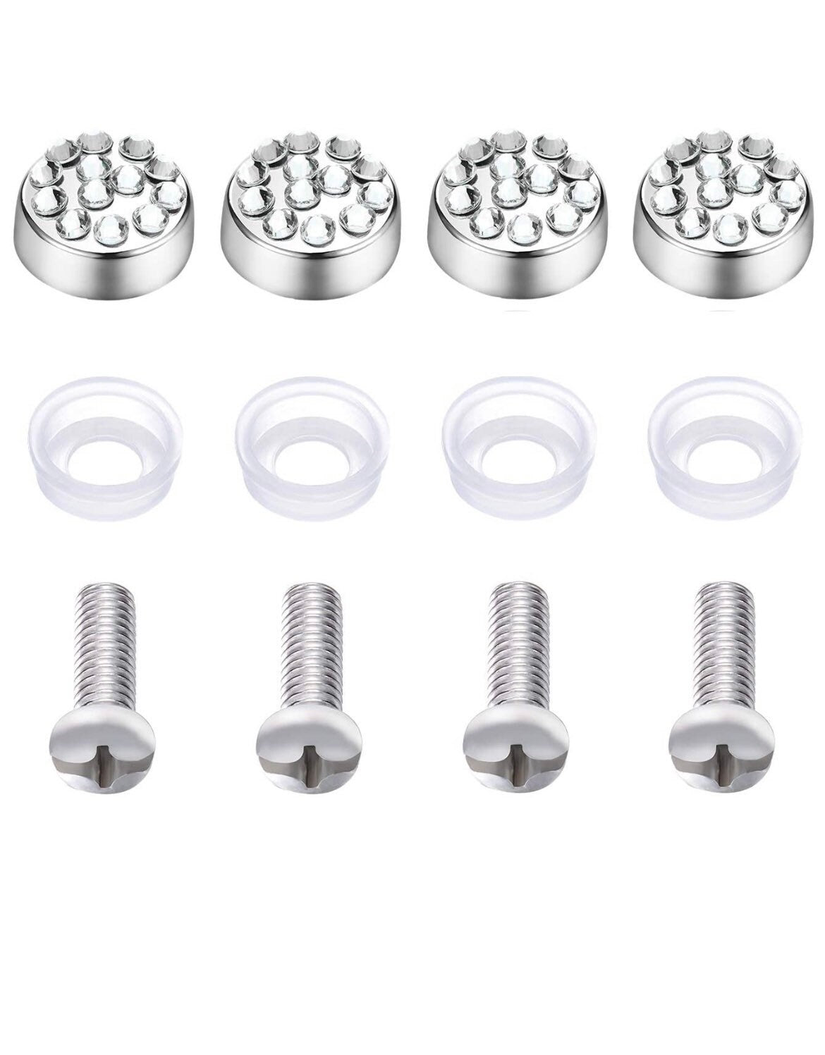 4 Hole White Diamond Crystal Thin License Plate Frame Steel Metal Diamond Bling Luxury Ignition Bling Caps