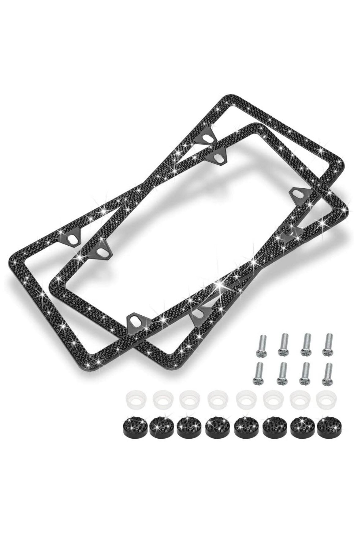 4 Hole JET BLACK Diamond Crystal Blacked Out Luxury Thin License Plate Frames Stainless Steel Metal Frame Bling Caps
