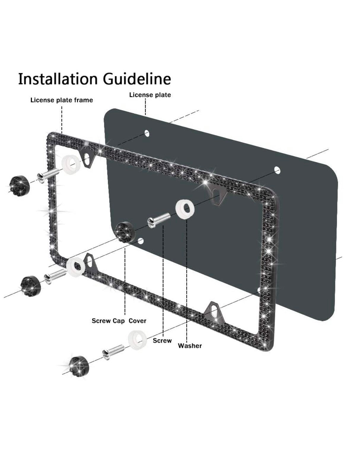 4 Hole JET BLACK Diamond Crystal Blacked Out Luxury Thin License Plate Frames Stainless Steel Metal Frame Bling Caps