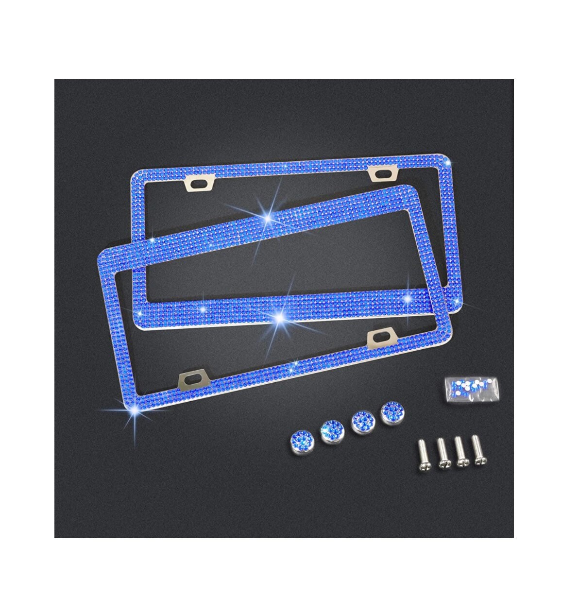 2 Royal BLUE Sapphire Diamond CRYSTAL Metal License Plate Frame Anti-theft Sparkle LUX Cover Holder Bling Caps Narrow Top