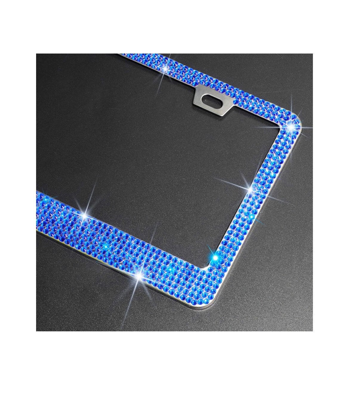 2 Royal BLUE Sapphire Diamond CRYSTAL Metal License Plate Frame Anti-theft Sparkle LUX Cover Holder Bling Caps Narrow Top