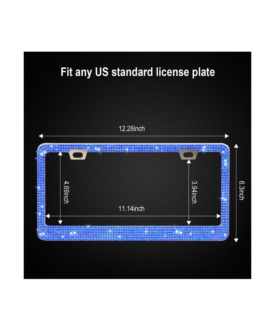 2 Royal BLUE Sapphire Diamond CRYSTAL Metal License Plate Frame Anti-theft Sparkle LUX Cover Holder Bling Caps Narrow Top