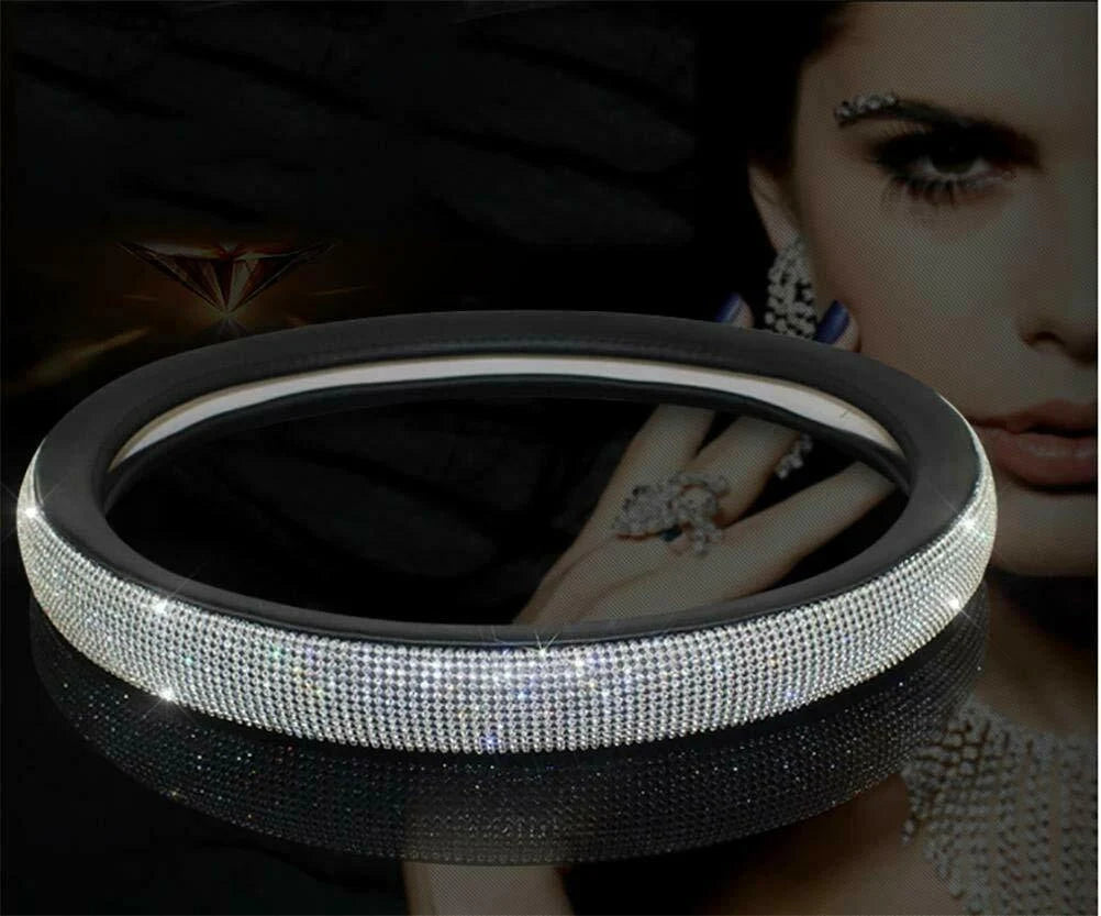 Black Velvet & White Diamond Ultra Bling Luxury Steering Wheel Cover with Crystal Embellishment Universal Round Fit