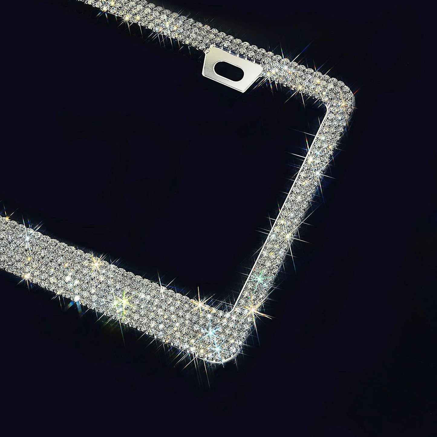 1 Swarovski White Diamond Crystal Encrusted License Plate Holder Sparkly Luxury Frame in Stainless Steel Metal Chrome Bling Caps