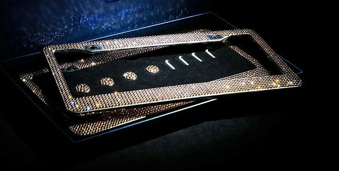 1 Luxury Champagne Gold Yellow Diamond CRYSTAL Encrusted License Plate Holder Cover anti-theft Frame Bling Caps