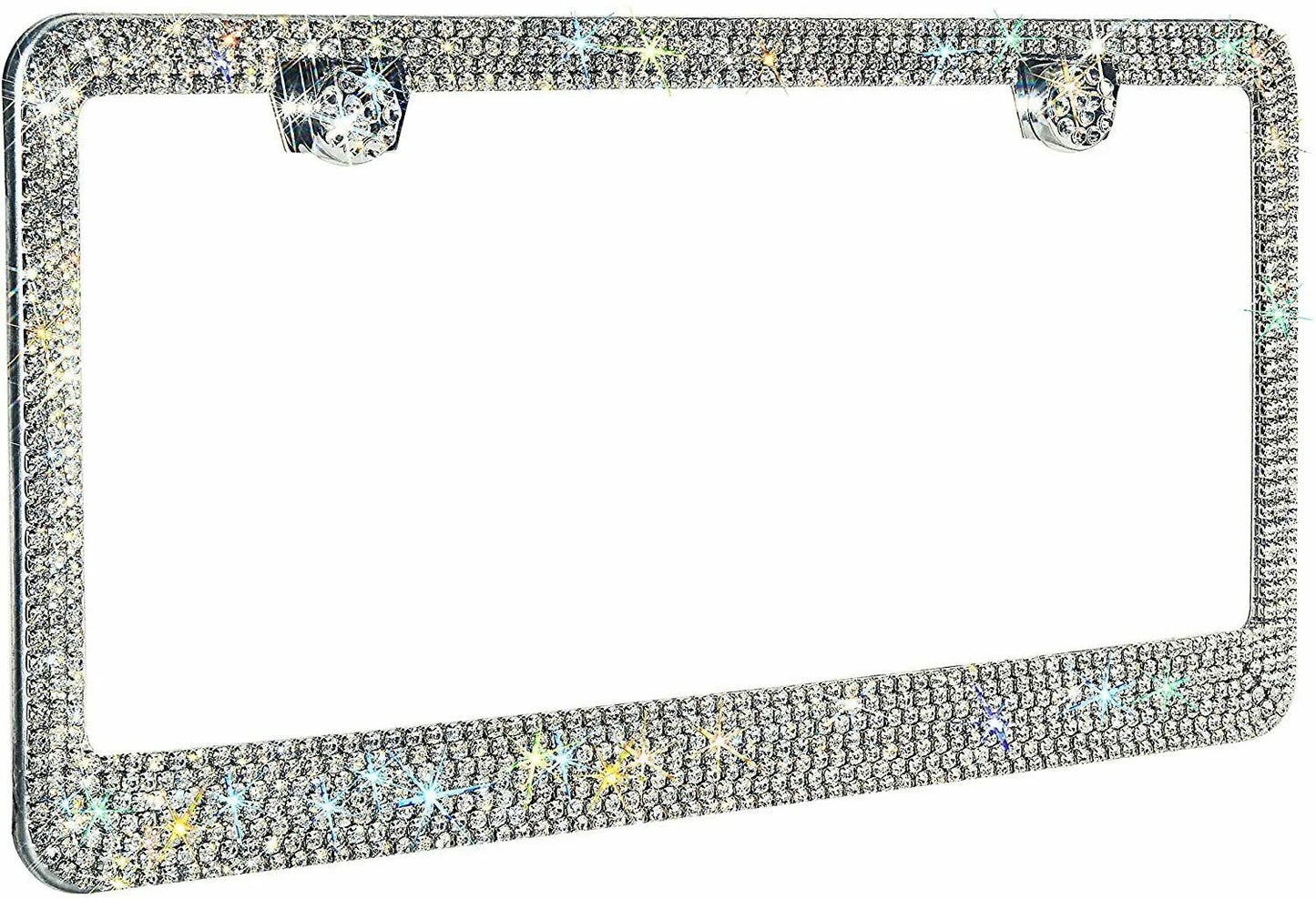 1 Swarovski White Diamond Crystal Encrusted License Plate Holder Sparkly Luxury Frame in Stainless Steel Metal Chrome Bling Caps