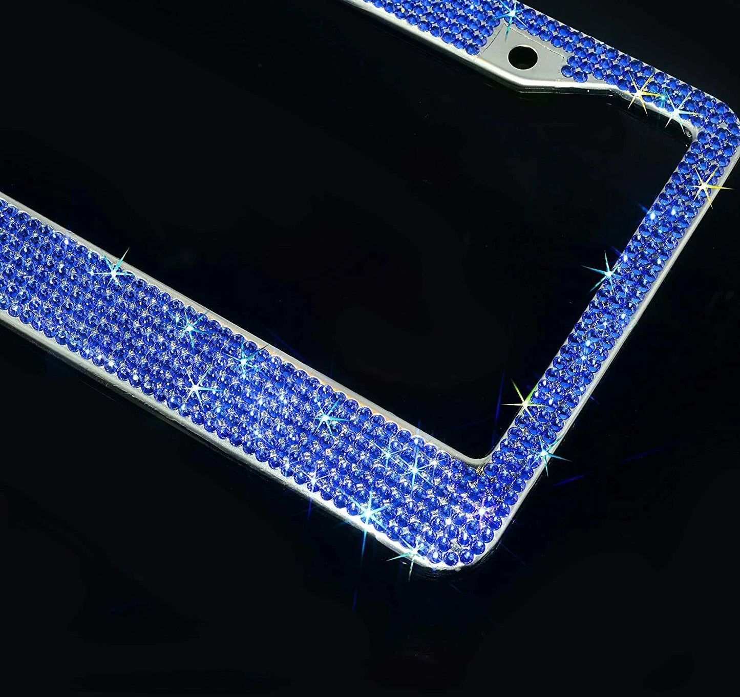 1 Royal BLUE Sapphire Crystal Diamond Encrusted Metal License Plate Frame Cover Holder Anti-theft Sparkle Lux Bling Caps