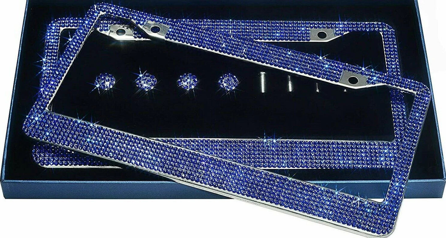 2 Royal BLUE Sapphire Crystal Diamond Encrusted Metal License Plate Frame Cover Holder Anti-theft Sparkle Lux Bling Caps