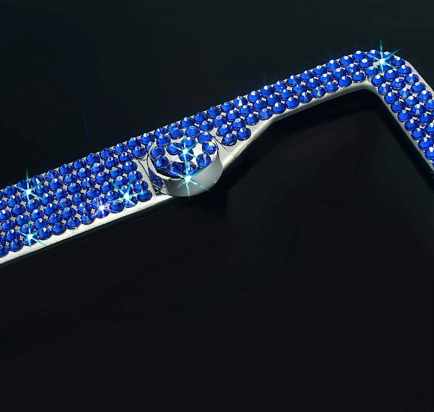 1 Royal BLUE Sapphire Crystal Diamond Encrusted Metal License Plate Frame Cover Holder Anti-theft Sparkle Lux Bling Caps