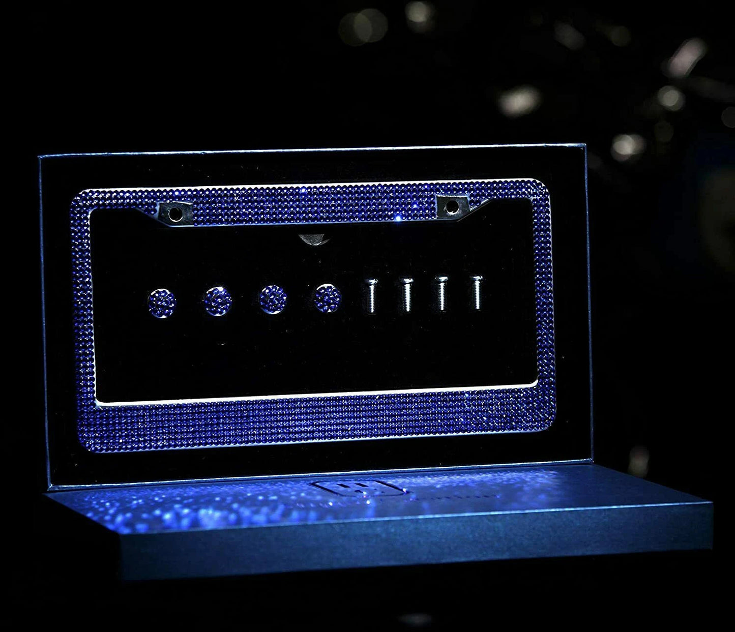 1 Royal BLUE Sapphire Crystal Diamond Encrusted Metal License Plate Frame Cover Holder Anti-theft Sparkle Lux Bling Caps