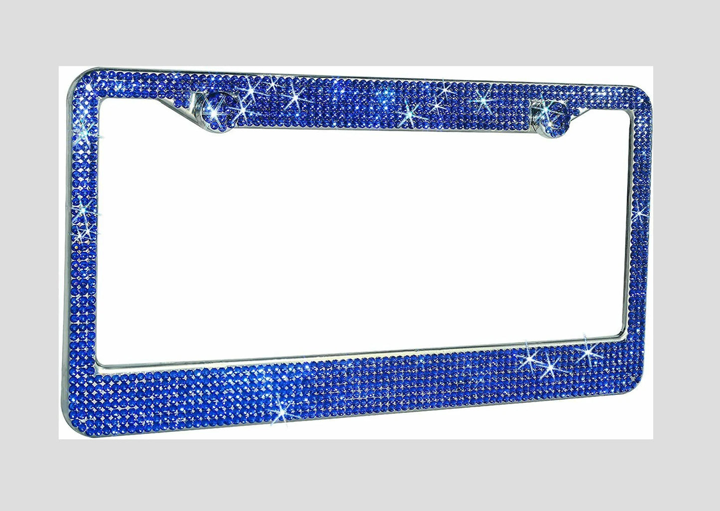 1 Royal BLUE Sapphire Crystal Diamond Encrusted Metal License Plate Frame Cover Holder Anti-theft Sparkle Lux Bling Caps