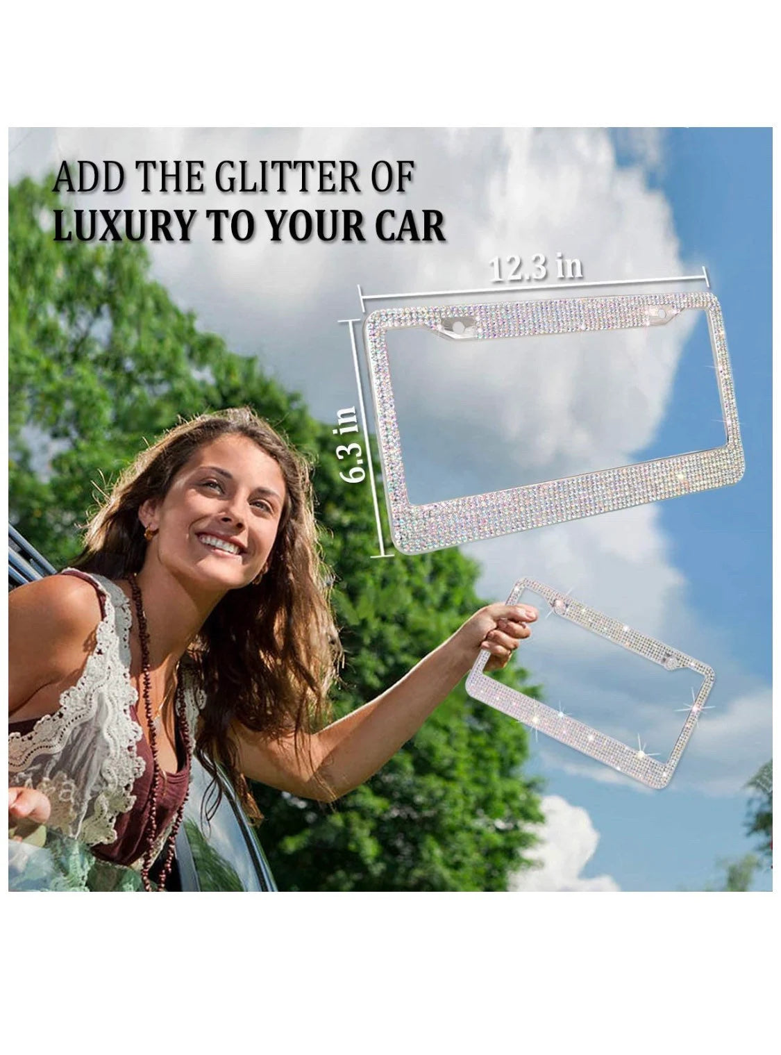 1 Colorful Crystal AB Iridescent Aurora Borealis License Plate Frame Diamond Sparkle Sparkly Feminine Woman Bling Caps