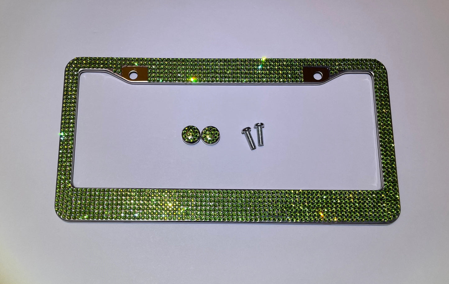 2 Luxury Light Green Crystal Peridot Emerald Gemstone Diamond Sparkle Metal License Plate Frame Holder Cover Bling Caps