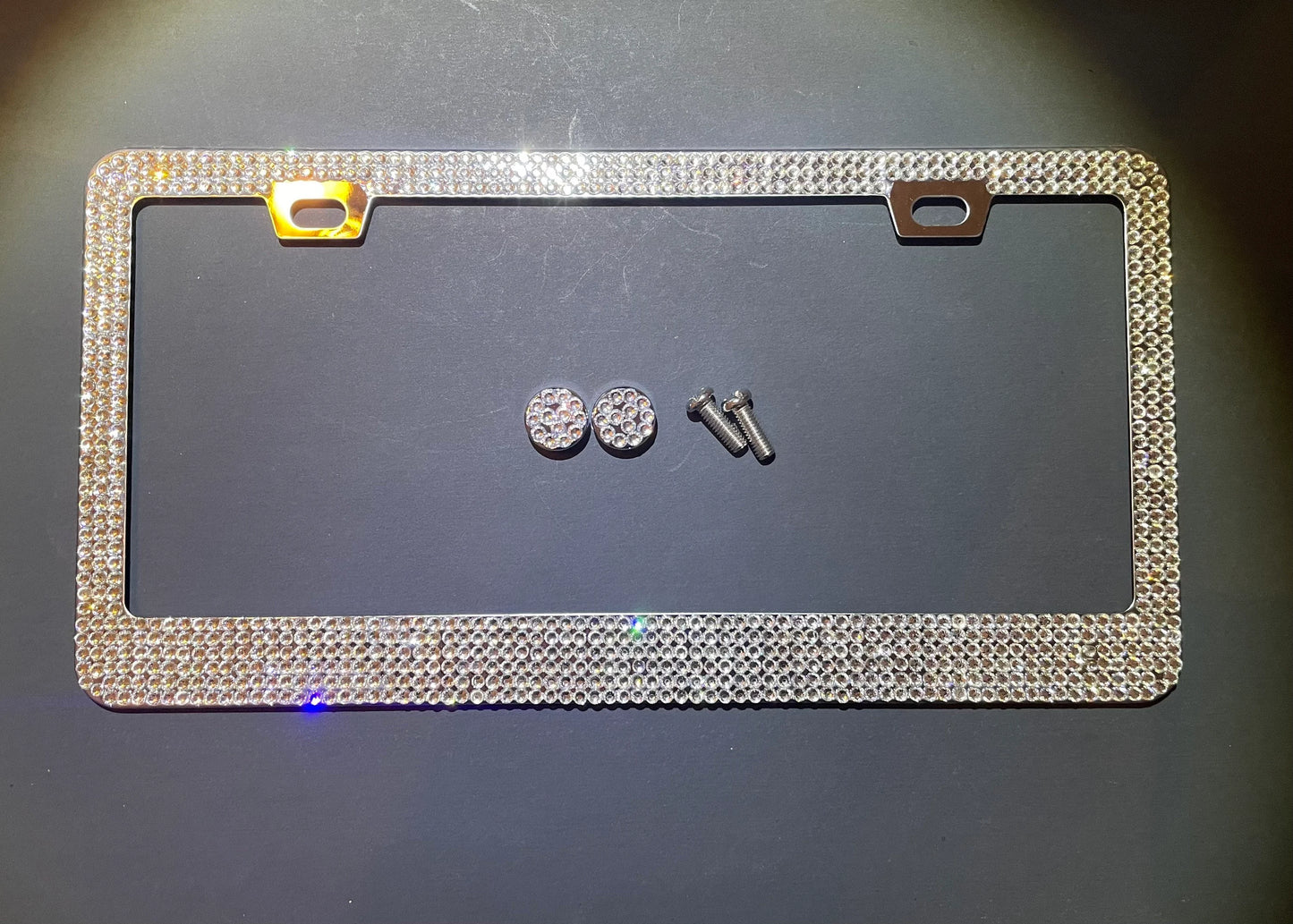 1 Swarovski White Diamond Crystal Encrusted License Plate Holder Sparkly Luxury Frame in Stainless Steel Metal Chrome Bling Caps