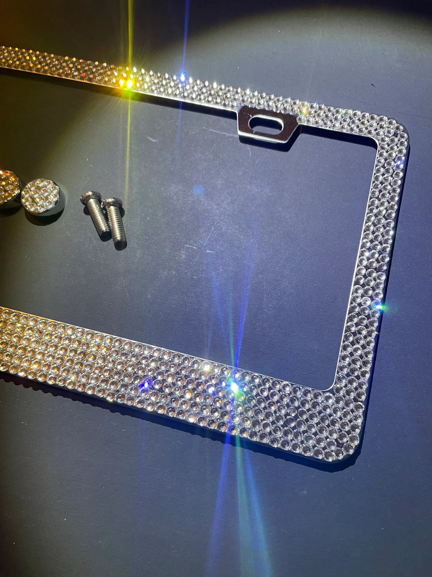 1 Swarovski White Diamond Crystal Encrusted License Plate Holder Sparkly Luxury Frame in Stainless Steel Metal Chrome Bling Caps