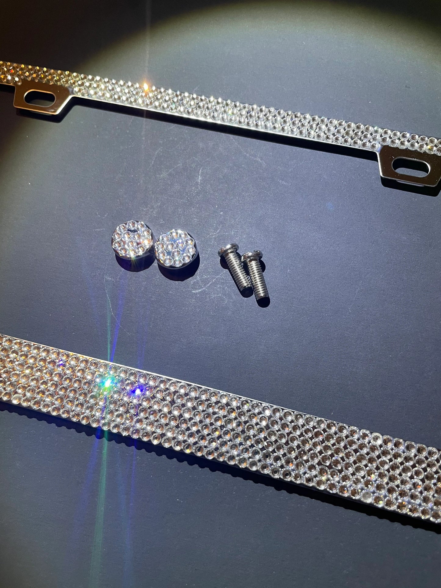 1 Swarovski White Diamond Crystal Encrusted License Plate Holder Sparkly Luxury Frame in Stainless Steel Metal Chrome Bling Caps
