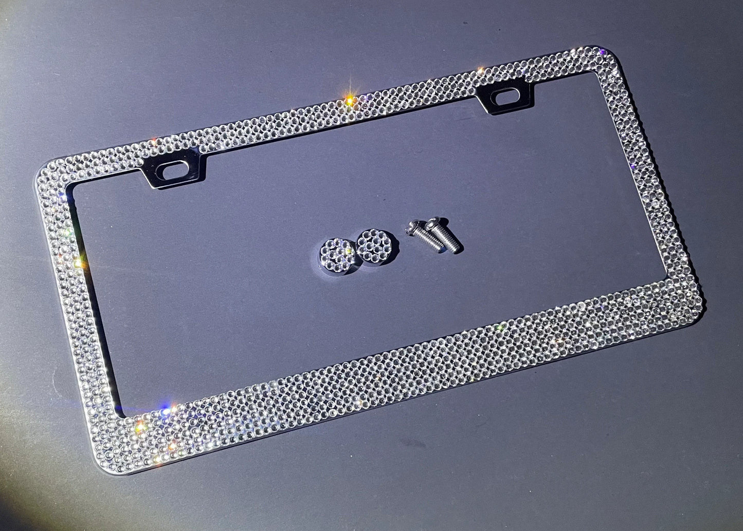 1 Swarovski White Diamond Crystal Encrusted License Plate Holder Sparkly Luxury Frame in Stainless Steel Metal Chrome Bling Caps