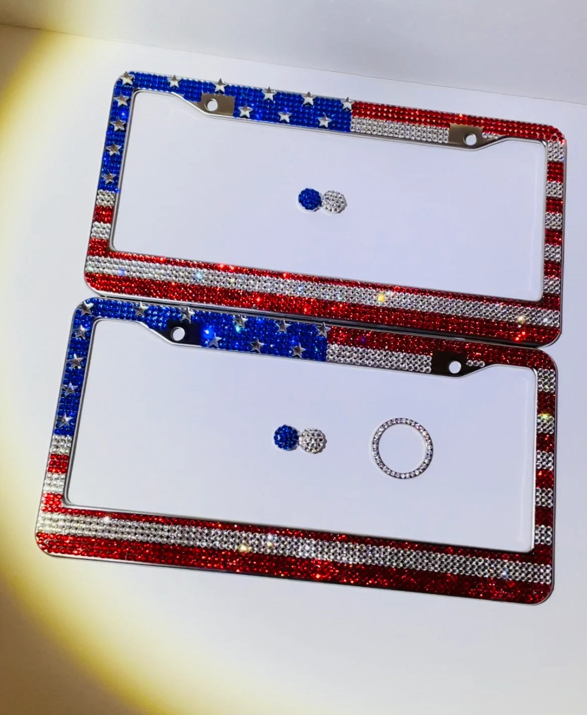 2 Swarovski Crystal Encrusted USA American Flag Red White Blue Stars Patriotic Diamond License Plate Frame Cover Luxury Holder Maga Bling Caps