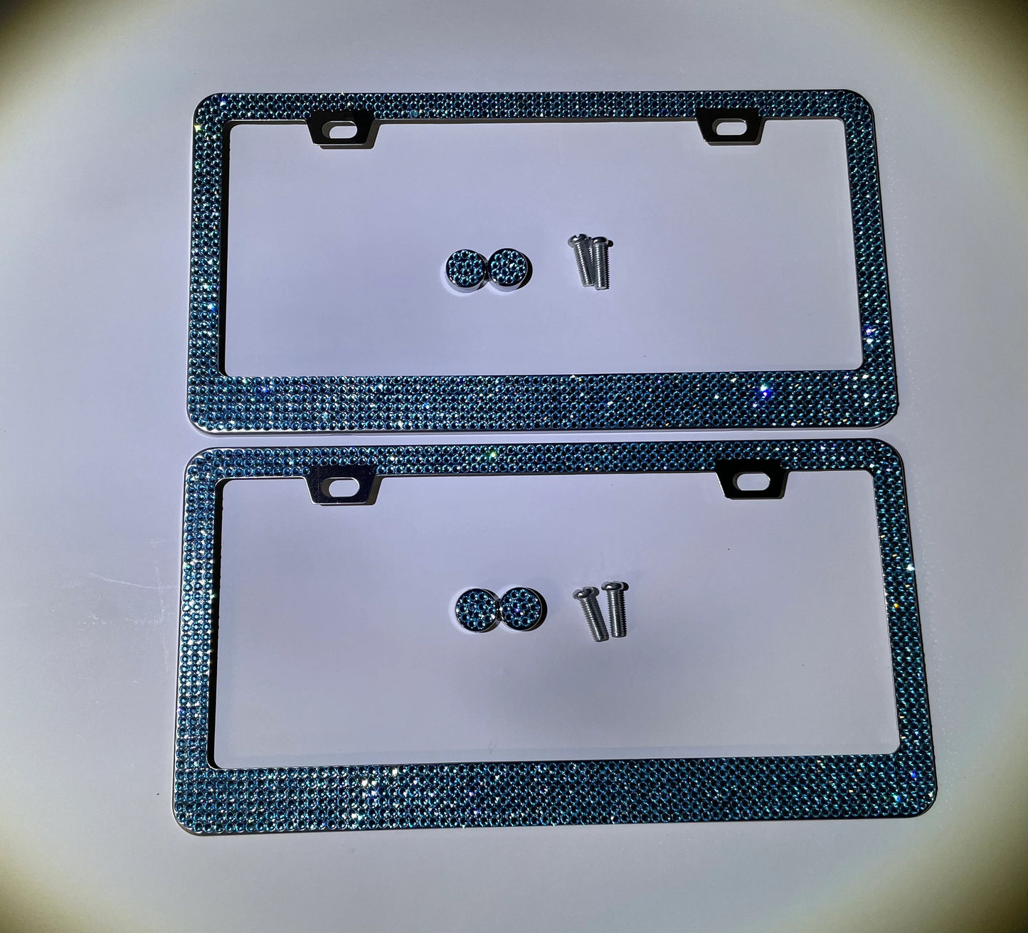 2 Luxury AQUA Blue Aquamarine Crystal Diamond Encrusted anti-theft Sparkle LUX License Plate Frame Cover Holder Bling Caps Narrow Top