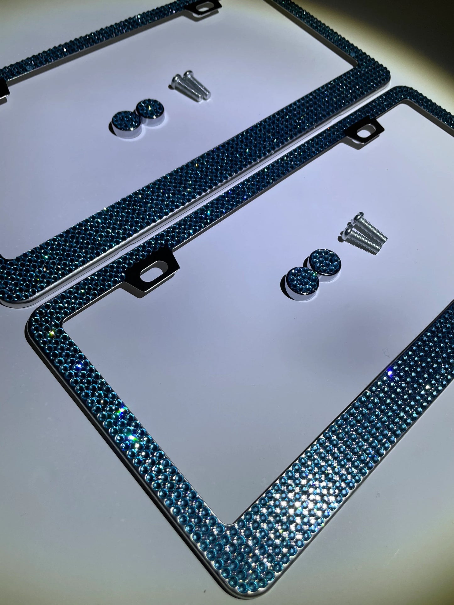 2 Luxury AQUA Blue Aquamarine Crystal Diamond Encrusted anti-theft Sparkle LUX License Plate Frame Cover Holder Bling Caps Narrow Top