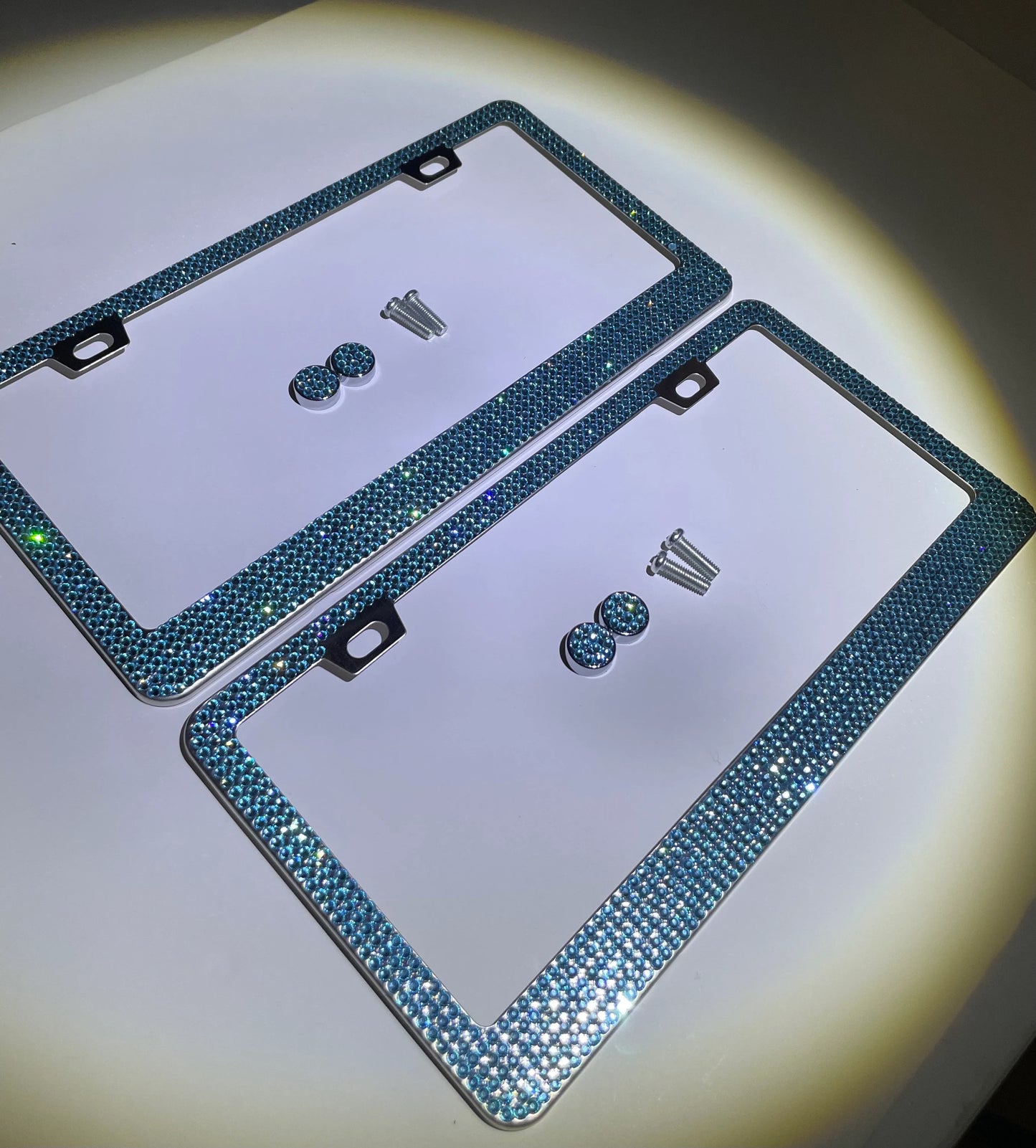 2 Luxury AQUA Blue Aquamarine Crystal Diamond Encrusted anti-theft Sparkle LUX License Plate Frame Cover Holder Bling Caps Narrow Top
