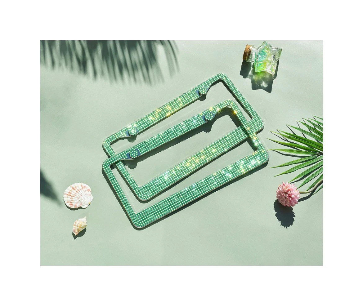 1 Luxury Peridot Emerald Light GREEN Diamond CRYSTAL Metal License Plate Frame Sparkle Cover Holder Bling Caps