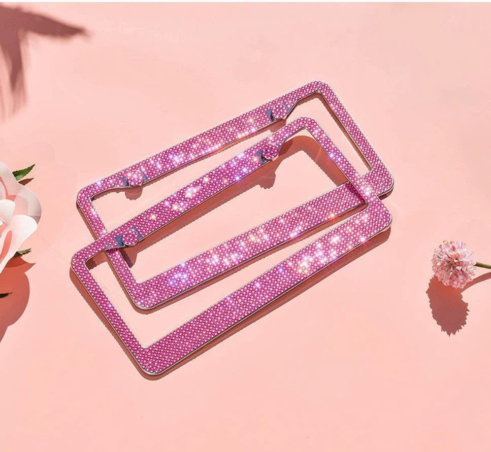 1 Luxury HOT PINK Crystal FUCHSIA Rose Diamond Crystal License Plate Frame Sparkle Lux anti-theft Cover Holder Bling Caps