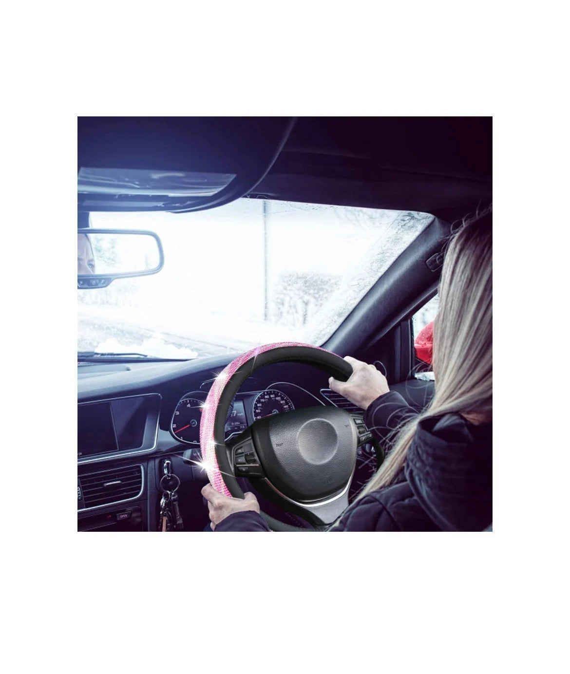 Ultra Bling Pink & White Swirl Diamond Luxury Faux Leather Steering Wheel Cover Crystal Embellishment Universal Round Fit Anti-Slip Feminine Women Gift