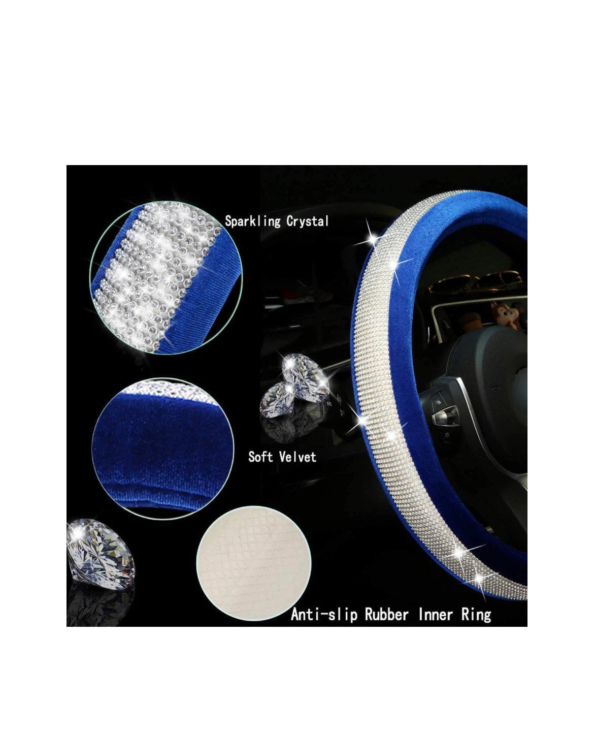 Blue Velvet White Diamond Luxury Steering Wheel Cover with Ultra Bling Crystal Embellishment Universal Round Fit