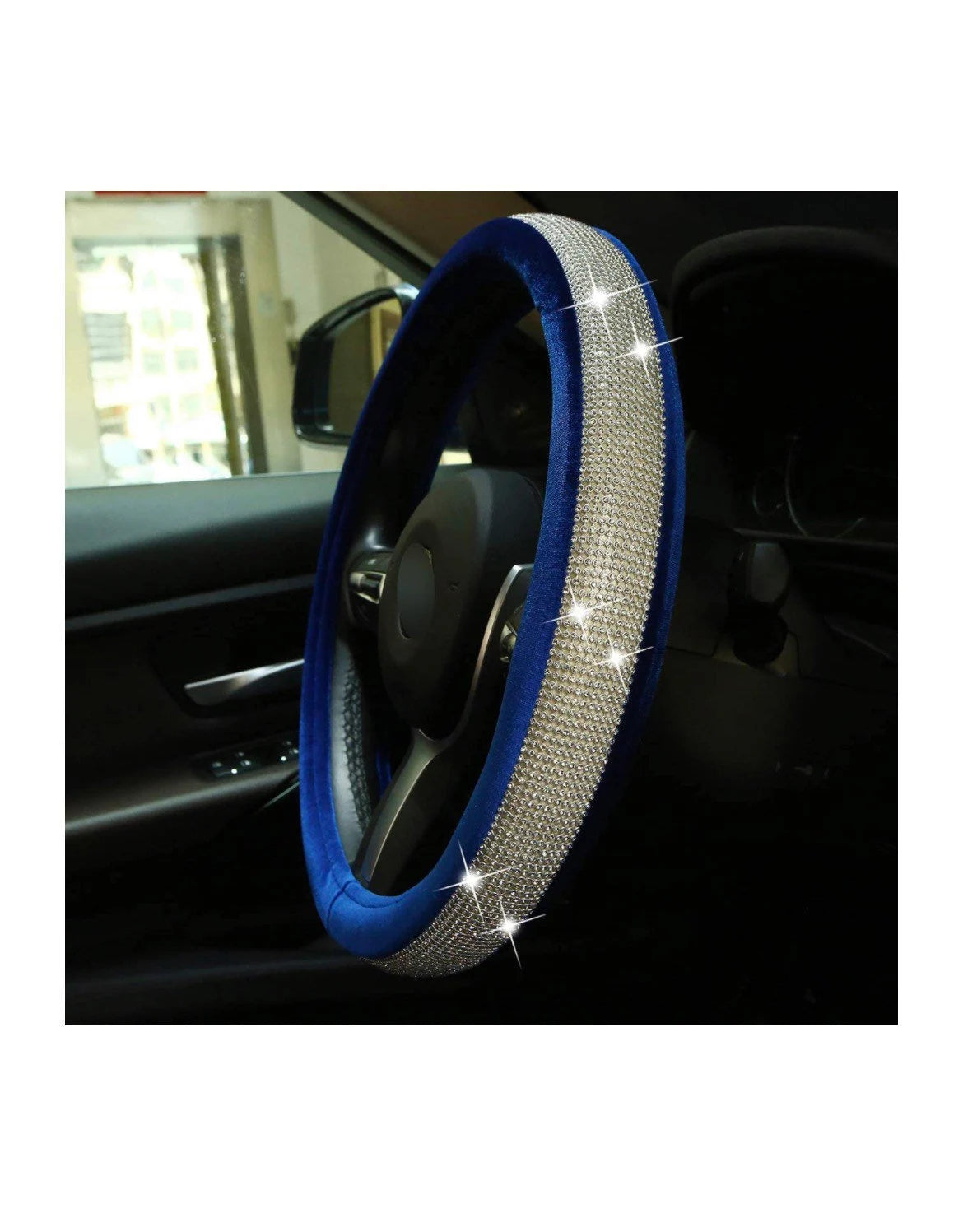 Blue Velvet White Diamond Luxury Steering Wheel Cover with Ultra Bling Crystal Embellishment Universal Round Fit