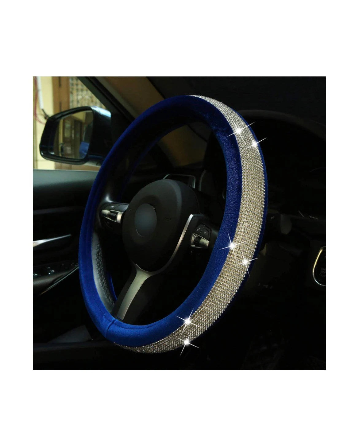 Blue Velvet White Diamond Luxury Steering Wheel Cover with Ultra Bling Crystal Embellishment Universal Round Fit