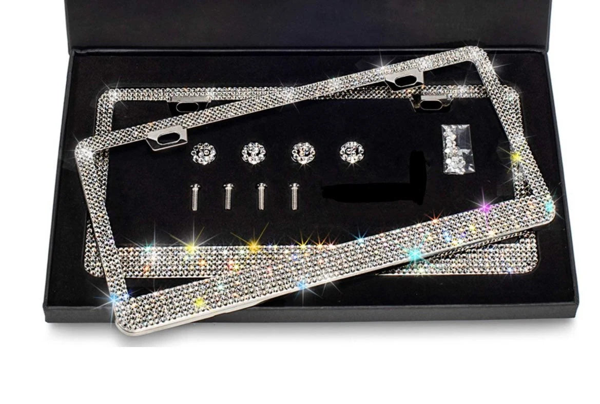 2 Swarovski White Diamond Crystal Encrusted License Plate Frames Cover Holder Sparkly Luxury Chrome Metal Bling Caps