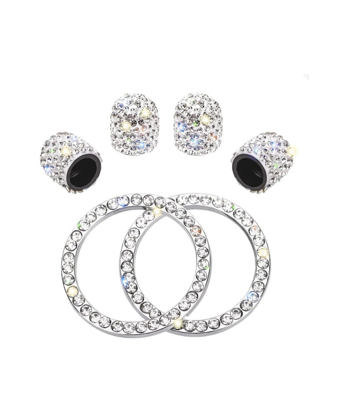 6 pc Bling SET 4x Tire Valve Caps + 2 Ignition Rings AC Knob White Diamond Luxury with Crystal Embellishment Car SUV Motorcycle Bicycle Bike