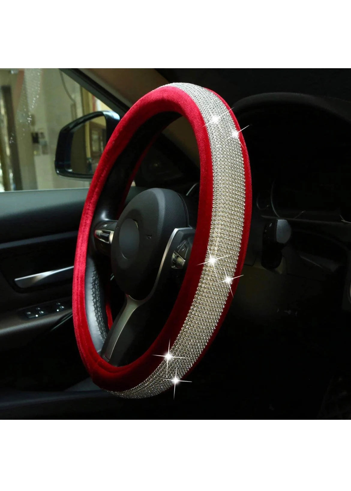 Red Velvet & White Diamond Ultra Bling Luxury Steering Wheel Cover with Crystal Embellishment Universal Round Fit