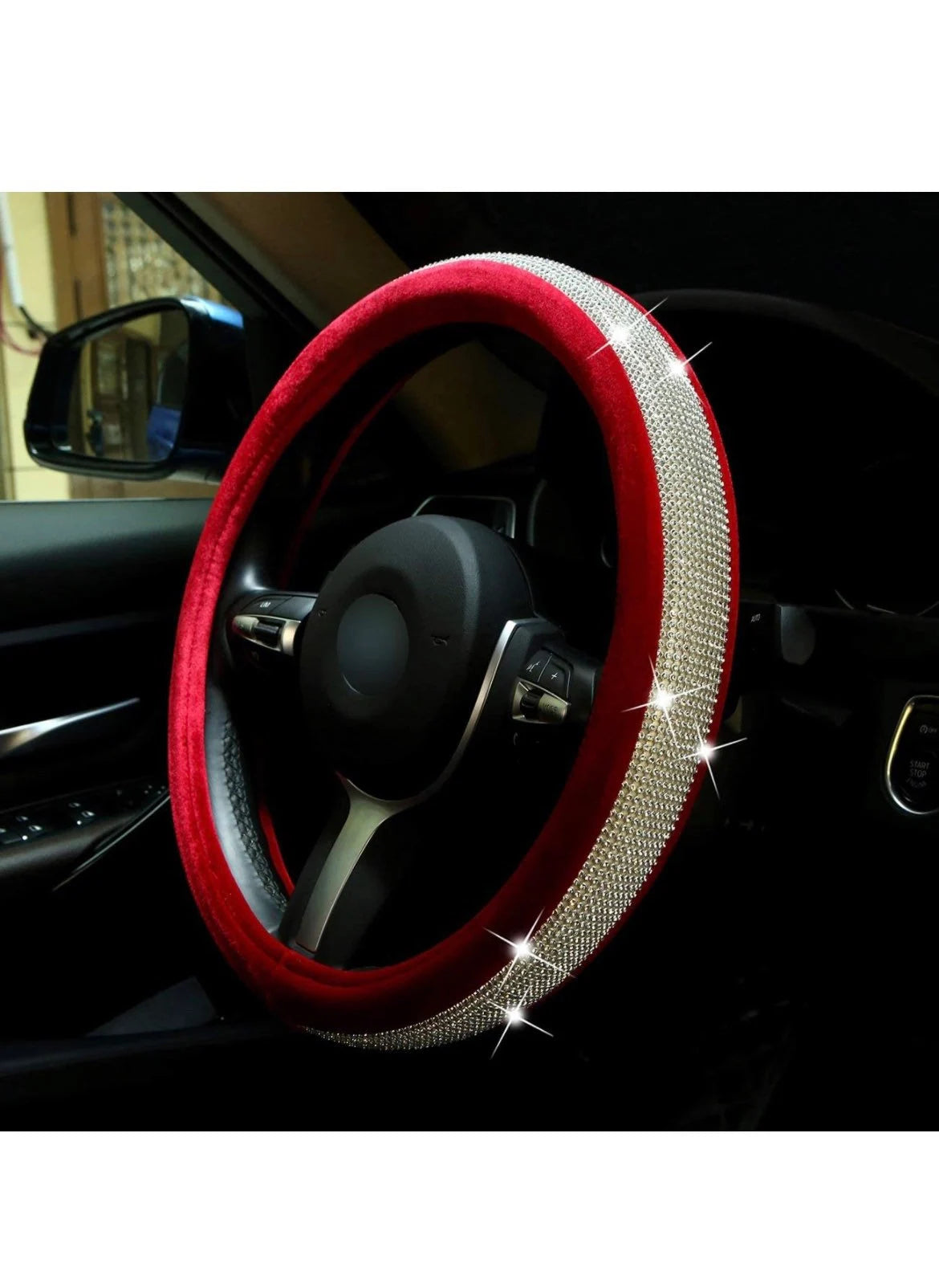 Red Velvet & White Diamond Ultra Bling Luxury Steering Wheel Cover with Crystal Embellishment Universal Round Fit