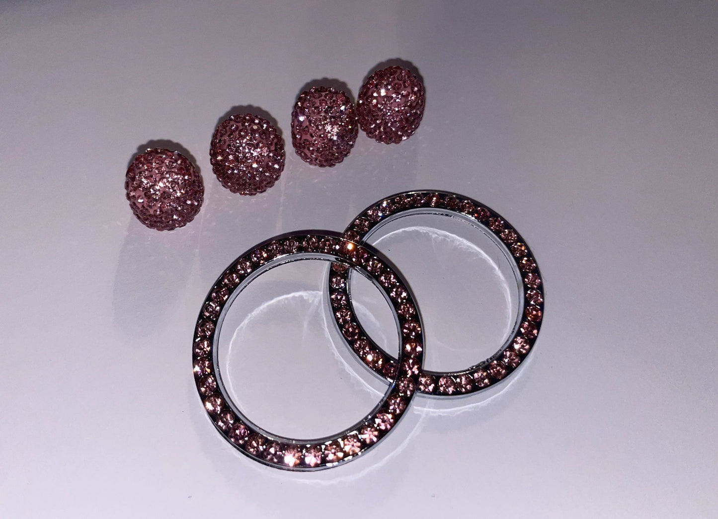 6 pc Bling SET PINK Crystal 4 Tire Valve Caps 2 Ignition Rings Ac Knob Diamond Luxury Crystal Embellishment Car SUV Bike Motorcycle