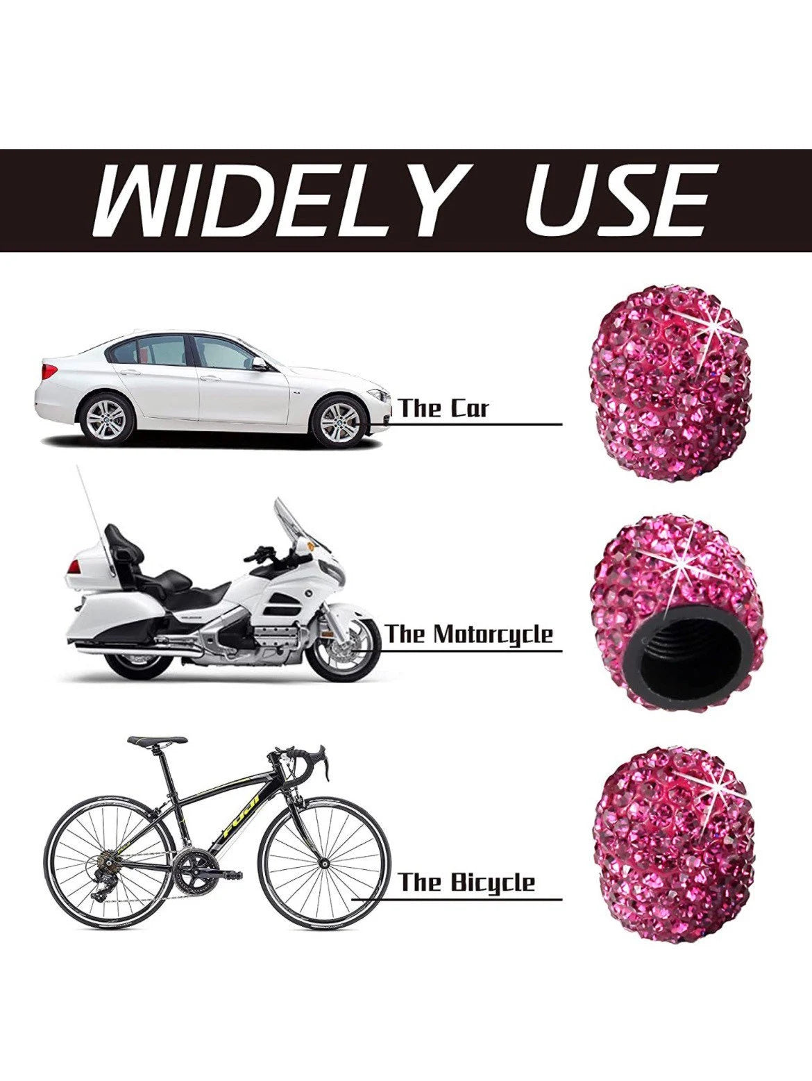 4x Hot Pink Fuchsia Rose Tire Valve Caps Ultra Bling Diamond Luxury Crystal Embellishment Round Fit Car Bicycle Motorcycle Bike SUV