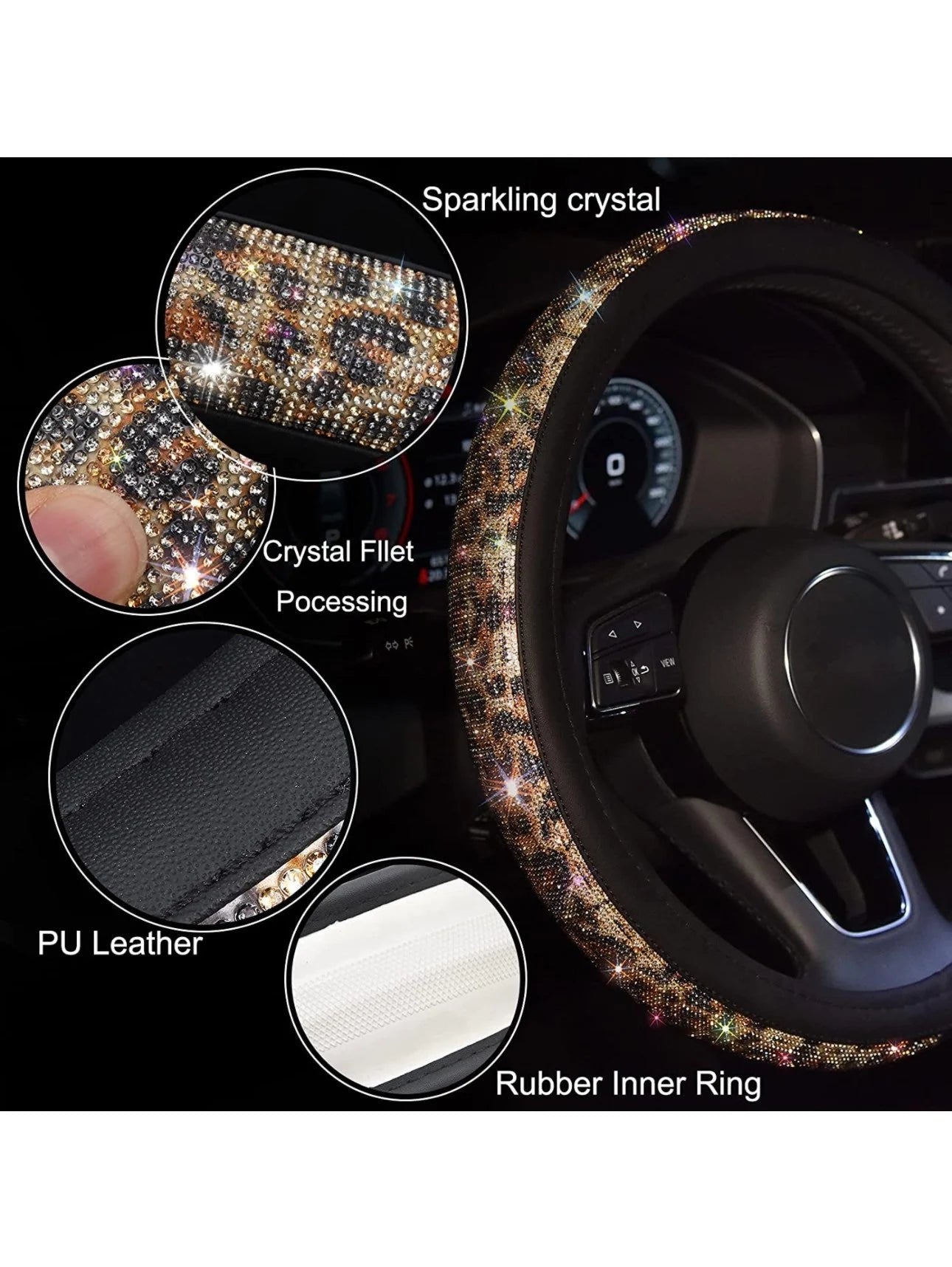 Leopard Animal Print Bling Diamond Luxury Leather Steering Wheel Cover with Crystal Embellishment Universal Round Fit