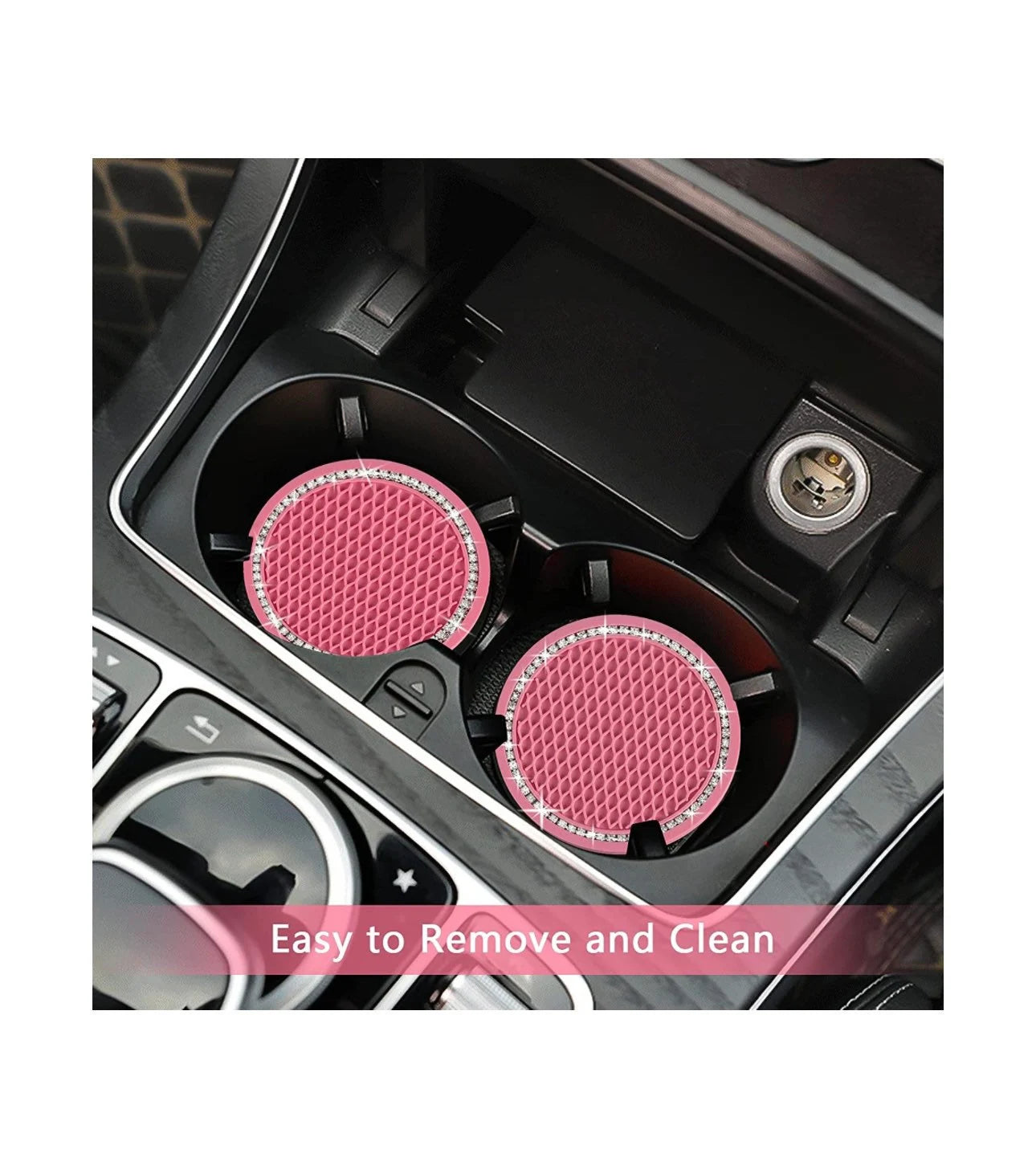 2 Pink Coasters Cup Holder Insert Ultra Bling White Diamond Luxury Crystal Embellishment Round Fit Car SUV Silicone Anti-Slip Coaster