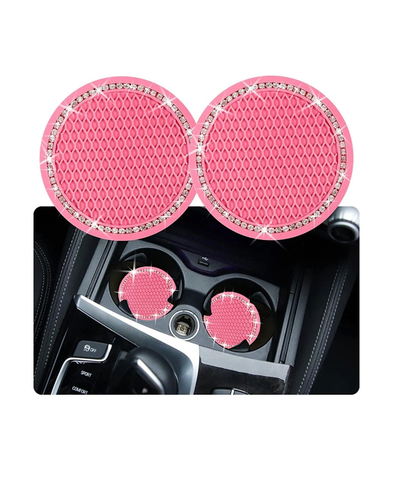 2 Pink Coasters Cup Holder Insert Ultra Bling White Diamond Luxury Crystal Embellishment Round Fit Car SUV Silicone Anti-Slip Coaster