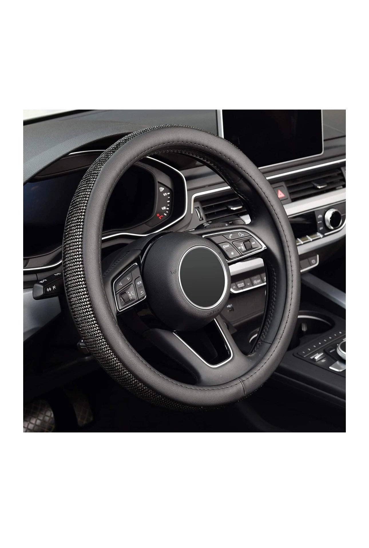 Blacked Out Jet Black Diamond Leather Bling Dark Luxury Steering Wheel Cover with Crystal Embellishment Universal Round