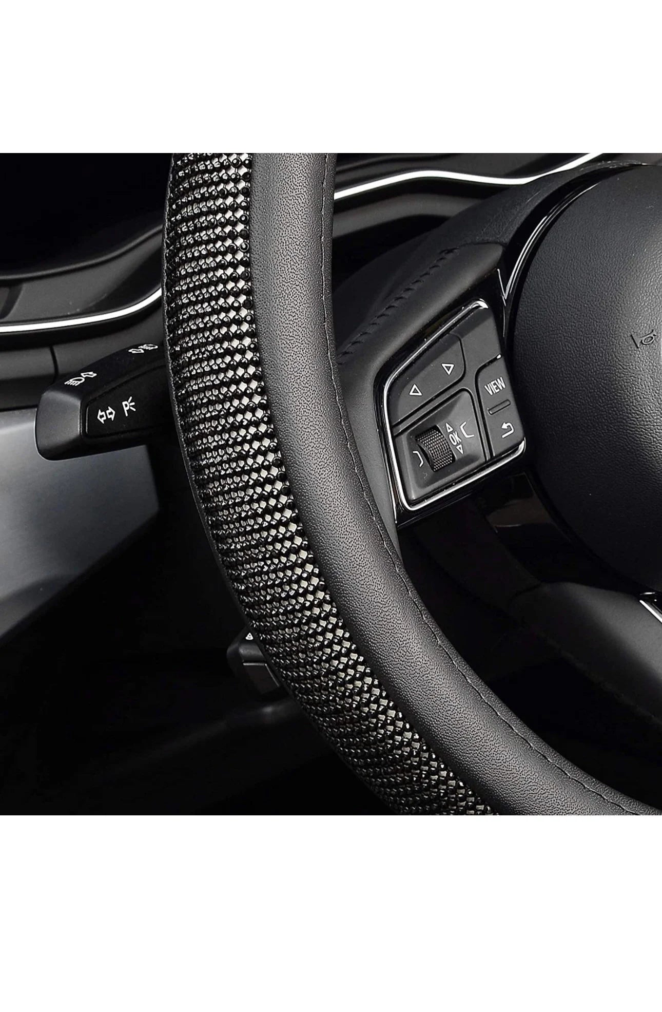 Blacked Out Jet Black Diamond Leather Bling Dark Luxury Steering Wheel Cover with Crystal Embellishment Universal Round