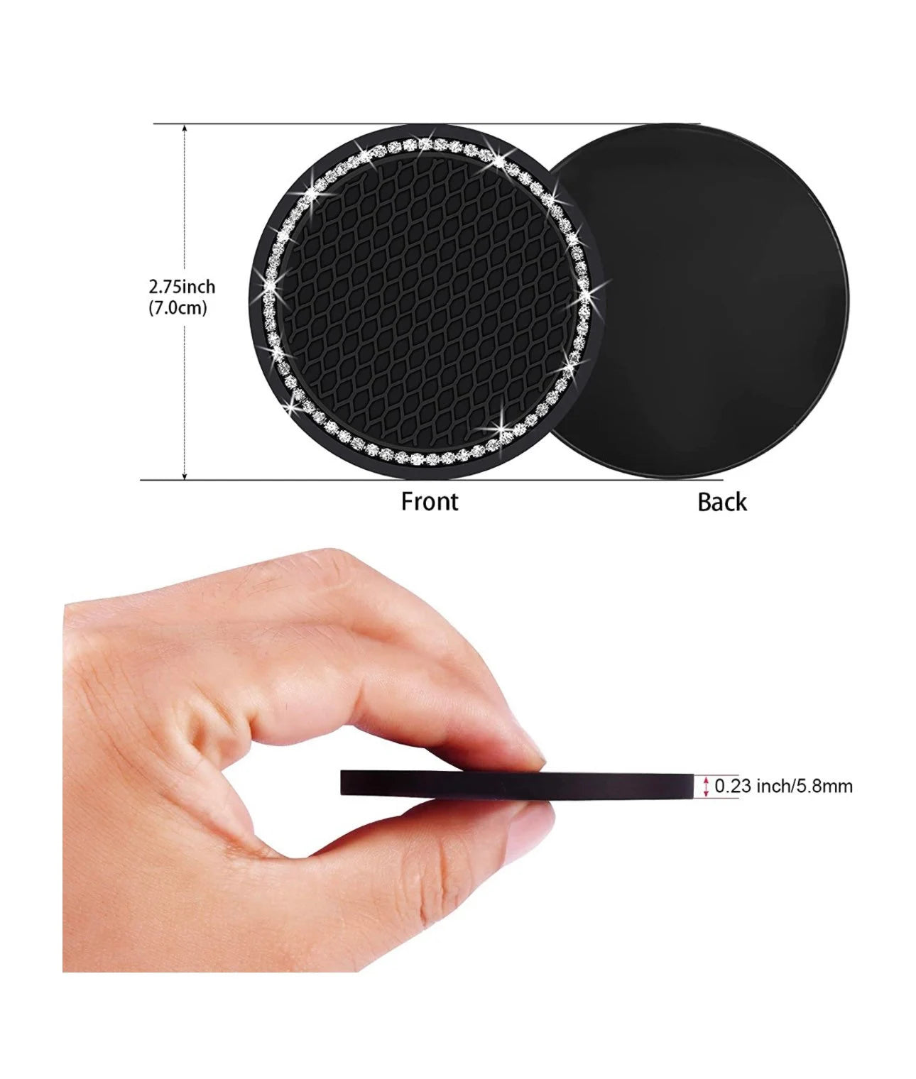 2 White Crystal Border Encrusted Black Coasters Cup Holder Insert Ultra Bling Diamond Luxury Embellishment Fit Car SUV Silicone Anti-Slip