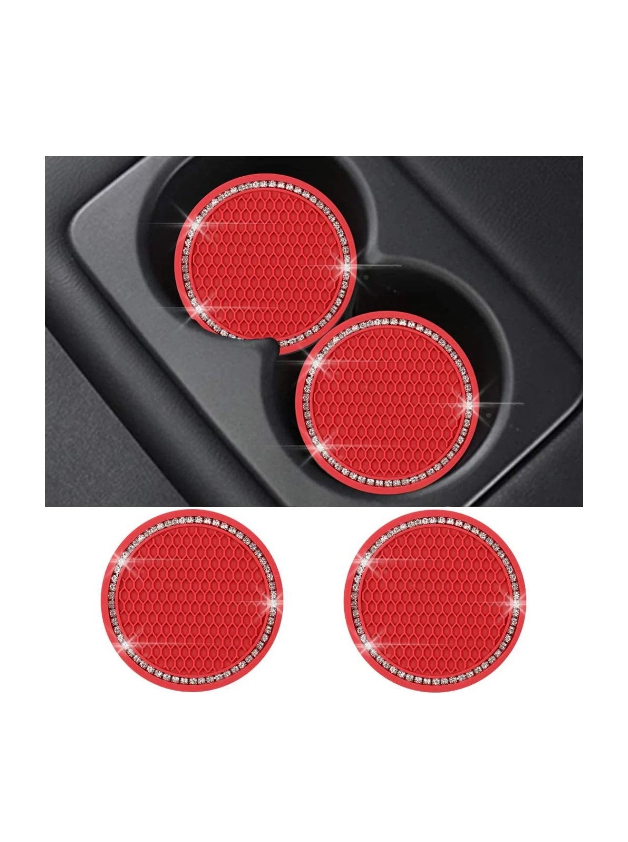 2 Crystal Encrusted Red Coasters Cup Holder Insert Ultra Bling White Diamond Embellishment Round Fit Car SUV Red Silicone Anti-Slip Coaster