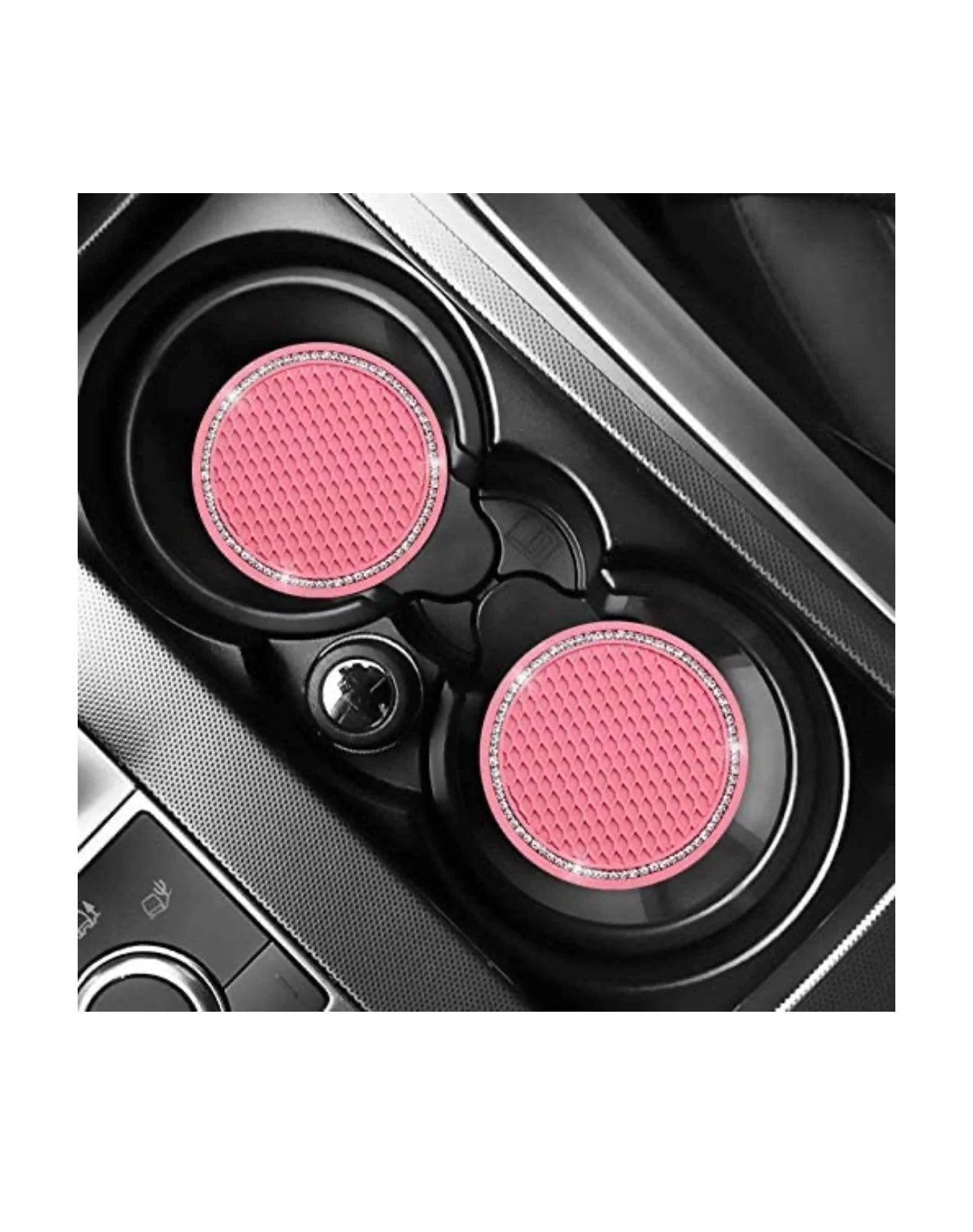 2 Pink Coasters Cup Holder Insert Ultra Bling White Diamond Luxury Crystal Embellishment Round Fit Car SUV Silicone Anti-Slip Coaster