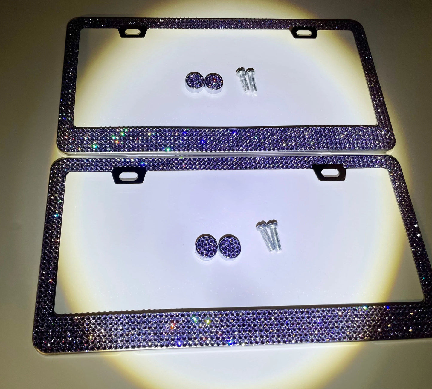 2 Luxury Crystal Blueberry VIOLET PURPLE Tanzanite Diamond License Plate Frame Sparkle Lux Cover Holder Bling Caps