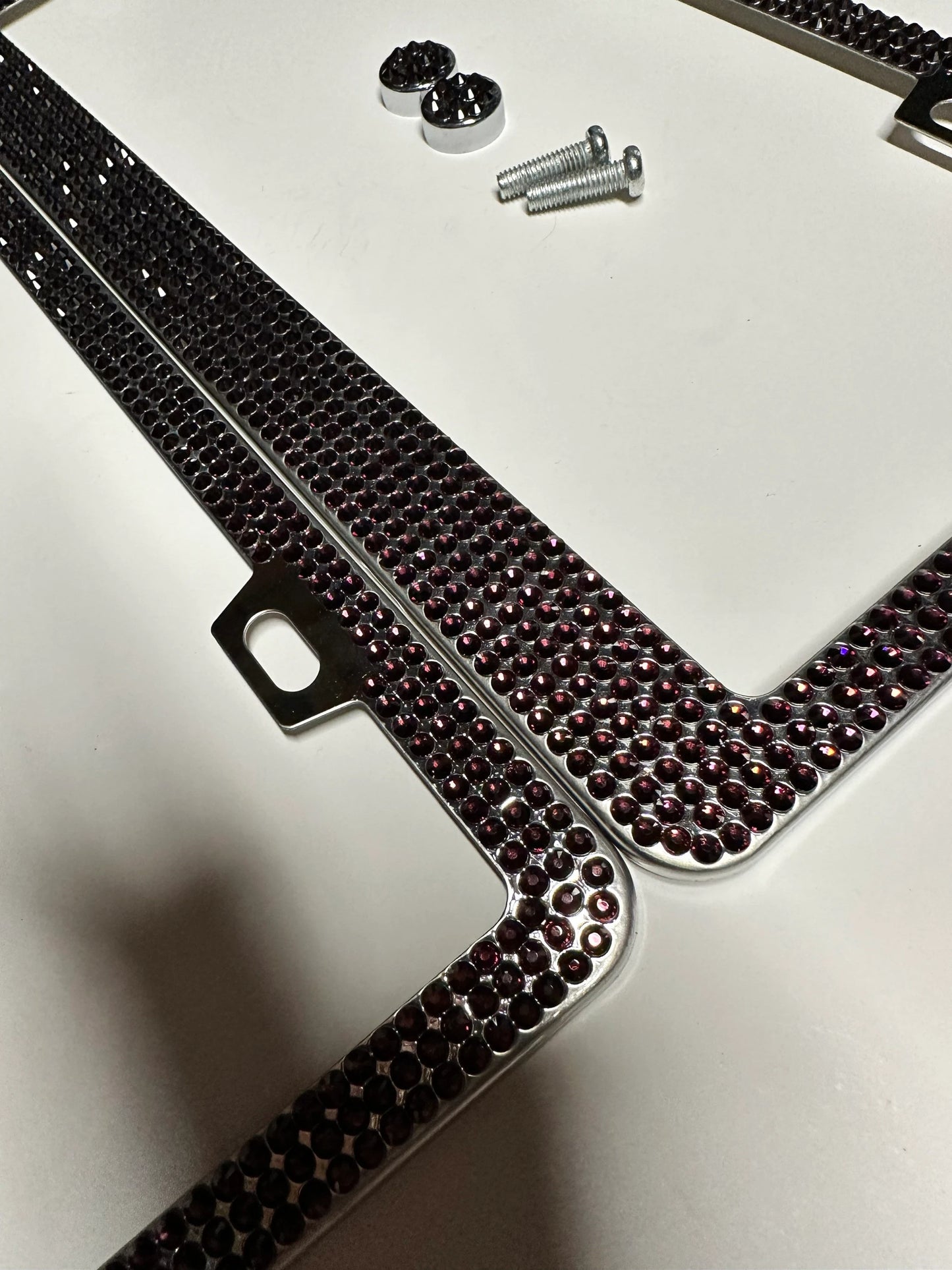 2 Luxury Plum Dark Eggplant PURPLE Diamond Crystal License Plate Frame anti-theft Sparkle Lux Cover Holder Bling Caps Made With Crystal