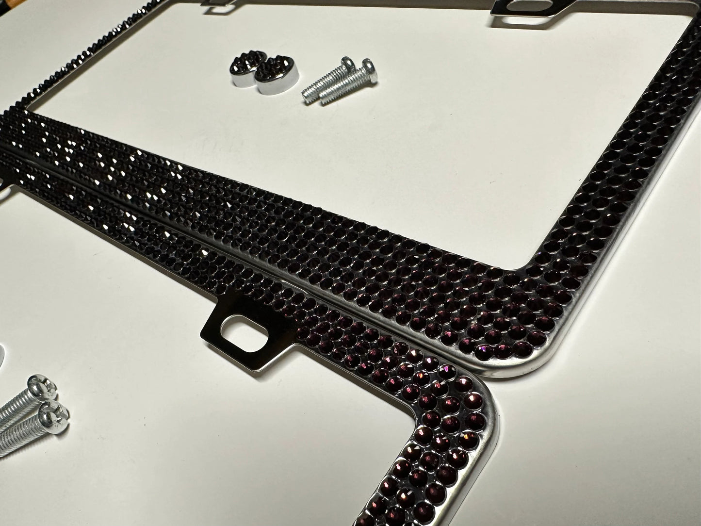 2 Luxury Plum Dark Eggplant PURPLE Diamond Crystal License Plate Frame anti-theft Sparkle Lux Cover Holder Bling Caps Made With Crystal