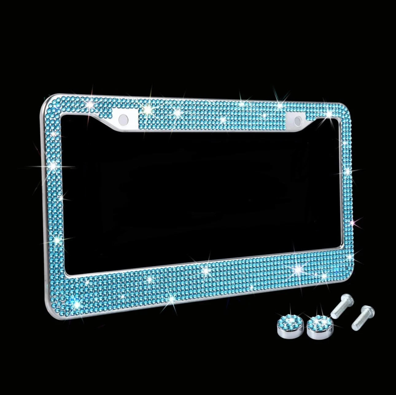 1 Luxury AQUA Blue Aquamarine Crystal Diamond Encrusted anti-theft Sparkle LUX License Plate Frame Cover Holder Bling Caps